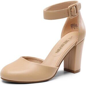 Dream Pairs Women Nude-pu Faux Suede Block High Heel Closed Toe Pumps Sandal